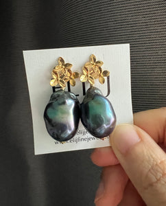 Peacock Black Baroque Pearl Earrings 14KGF