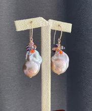 Load image into Gallery viewer, Purple-Peach Baroque Pearls, Amethyst, Carnelian 14kGF Earrings