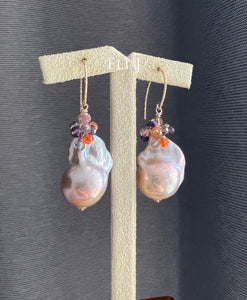 Purple-Peach Baroque Pearls, Amethyst, Carnelian 14kGF Earrings