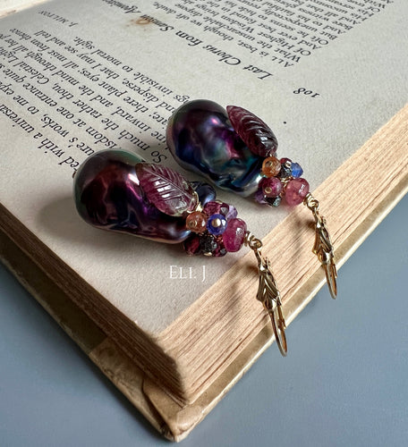 Peacock Baroque Pearls, Watermelon Tourmaline & Gems 14kGF Earrings