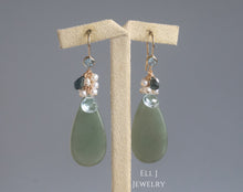 Load image into Gallery viewer, [EXCLUSIVE] Type A Burmese Deep Green Flat Teardrops, London Blue Topaz, Pearls 14KGF Earrings