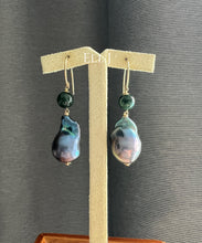 Load image into Gallery viewer, Black Baroque Pearls, Dark Green Jadeite 14kGF Earrings