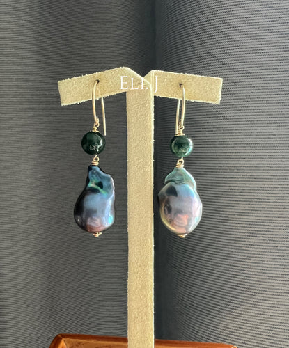 Black Baroque Pearls, Dark Green Jadeite 14kGF Earrings