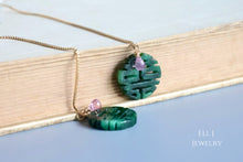 Load image into Gallery viewer, (EXCLUSIVE) Type A Burmese Dark Green Jadeite 喜喜 Double Happiness, Pink Sapphire 14KGF Threader Earrings