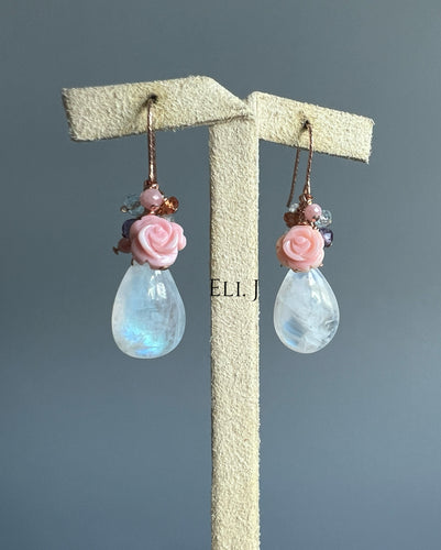 Rainbow Moonstone, Pink Shell Roses, Gems 14KRGF Earrings