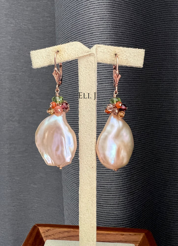 Large Peach Flat Baroque Pearls Gems 14kRGF Earrings