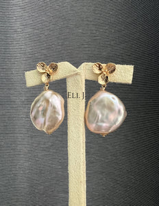 Rainbow-Pink Round Flat Baroque Pearls Signature Floral Studs