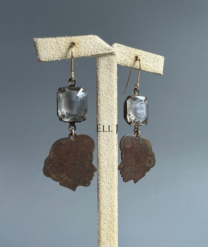 Vintage Girl Charms, Vtg Grey Glass 14kGF Earrings