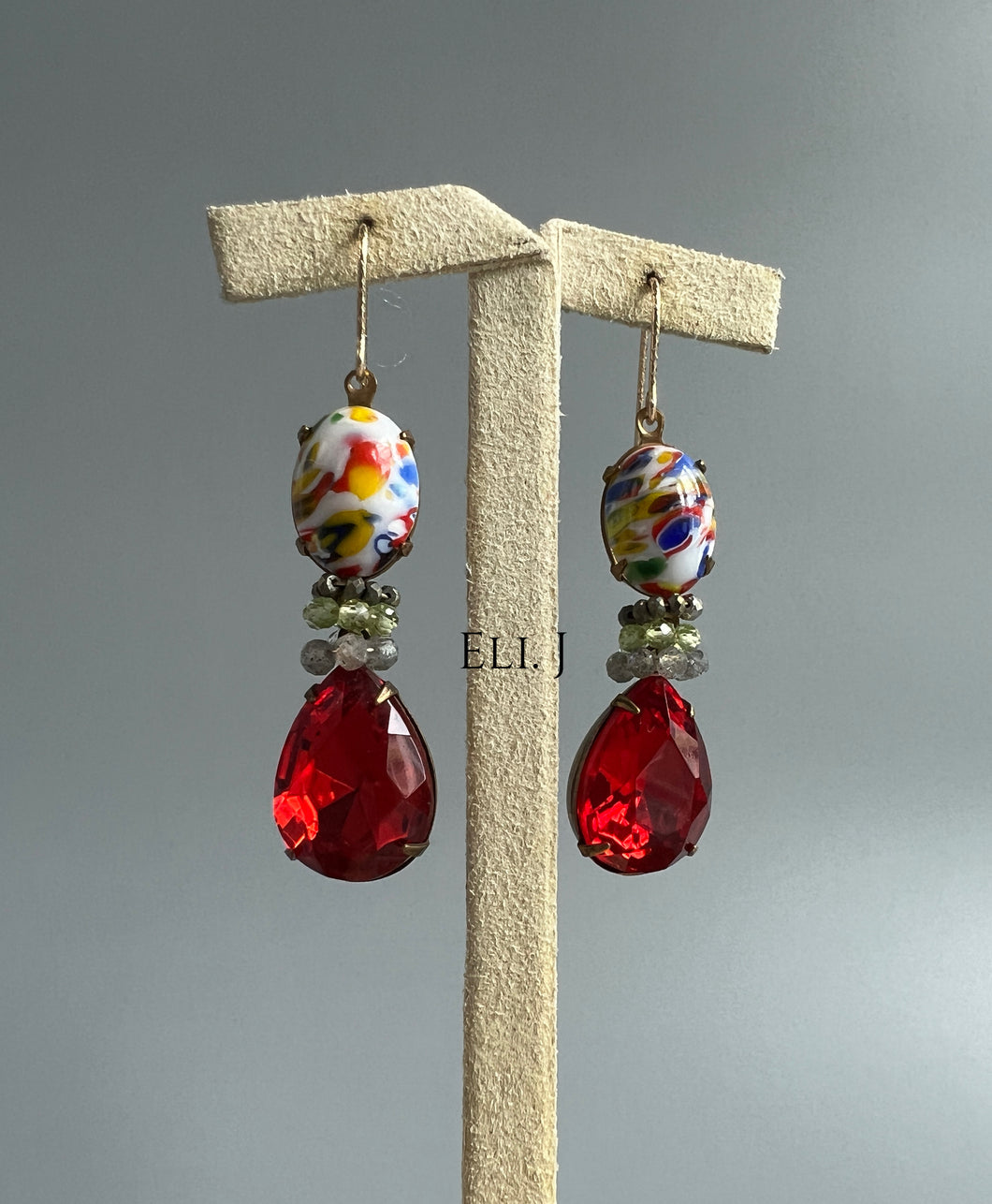 Vintage Colorful & Red Glass Gems, Gemstones 14kGF Earrings