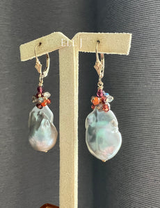 Silver Baroque Pearls, Garnet, Carnelian, Labradorite 14kGF Earrings