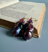 Load image into Gallery viewer, Peacock Baroque Pearls, Watermelon Tourmaline &amp; Gems 14kGF Earrings