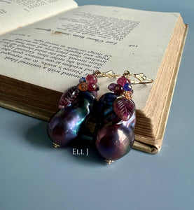 Peacock Baroque Pearls, Watermelon Tourmaline & Gems 14kGF Earrings