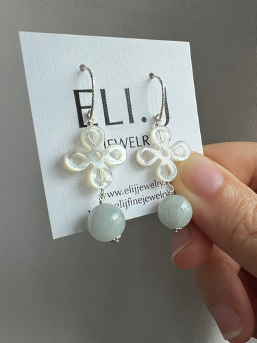 MOP Knots, Green Jade Balls, 925 Silver Earrings