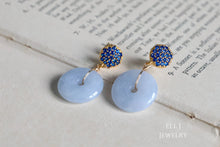 Load image into Gallery viewer, Type A Burmese Bluish Lavender Jadeite Donuts on Blue CZ Earring Studs 14KGF