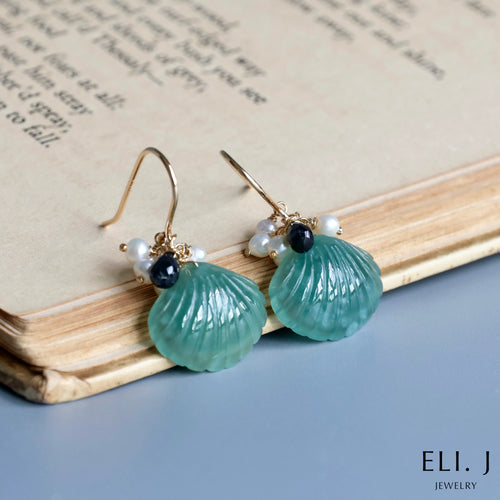 Green Type A Jade Shells, Sapphire, Pearl Earrings