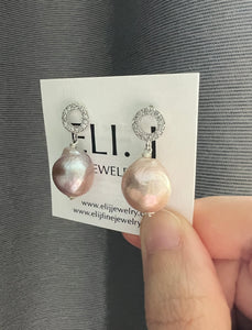 Mismatched Large Lilac-Peach Edison Pearls, Round CZ Silver Studs