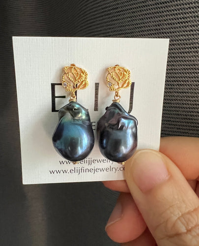 Peacock Black Baroque Pearl Earrings 14KGF