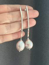 Load image into Gallery viewer, Large Pink Rainbow Freshwater Pearls on Long Silver Earrings