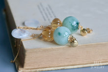 Load image into Gallery viewer, Large Type A Burmese Green-White Jadeite Balls, Citrine 14KGF Dangle Earrings