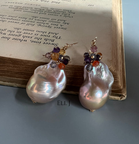 Lavender-Peach Baroque Pearls & Gems 14KGF Earrings