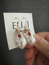 Load image into Gallery viewer, Ivory Baroque Pearls, Garnet, Gemstones 14KGF Earrings