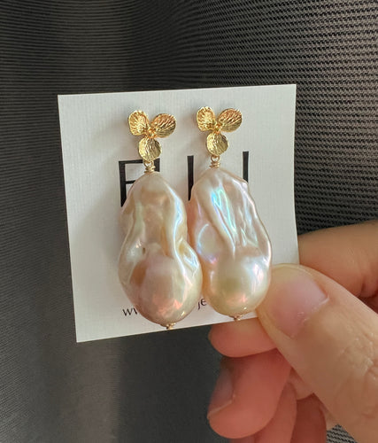 Large Peach Baroque Pearl Earrings 14KGF