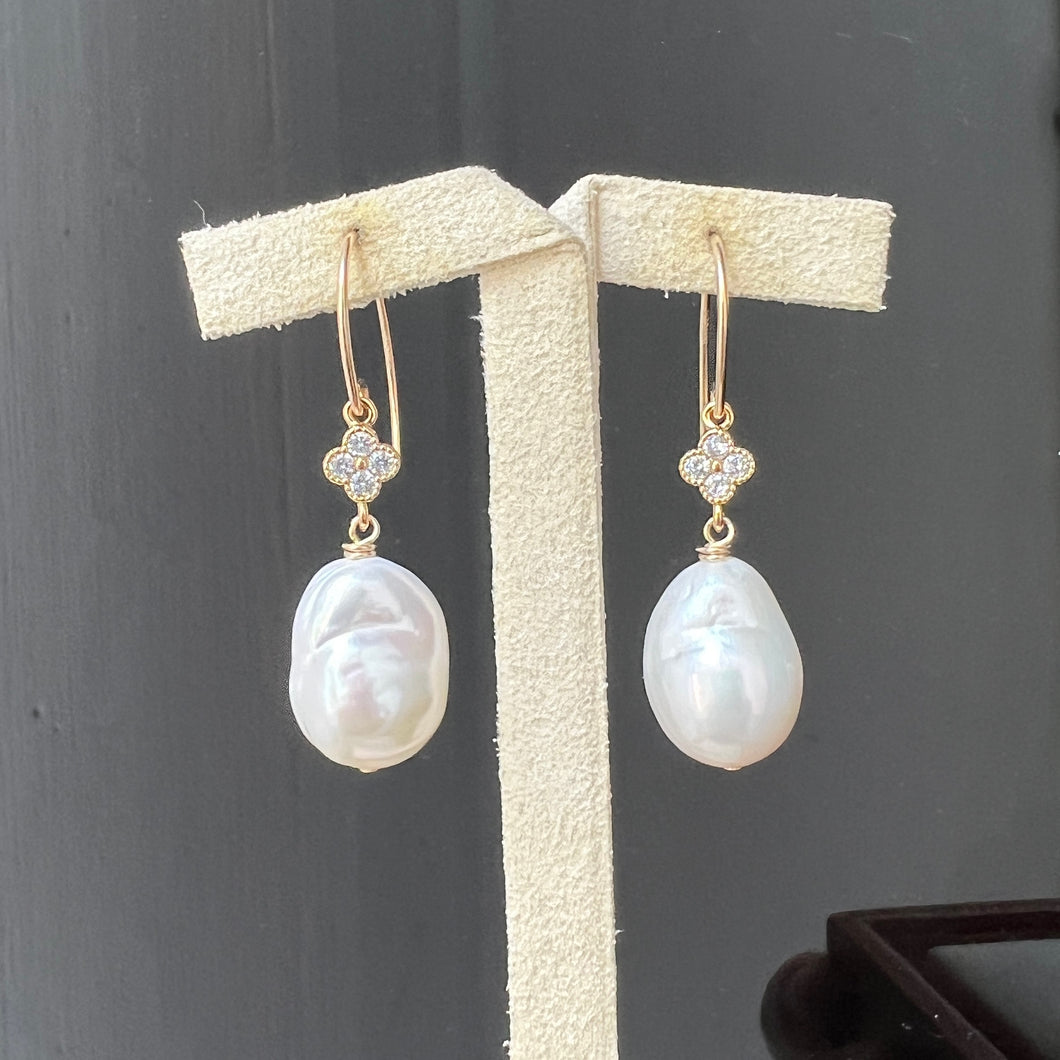 Ivory Pearls, Clover 14kGF Earrings
