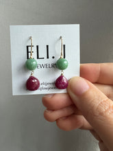 Load image into Gallery viewer, Apple Green Jade Balls, Rubies 14KGF Earrings