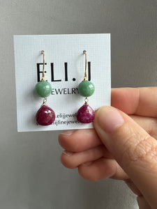 Apple Green Jade Balls, Rubies 14KGF Earrings