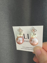 Load image into Gallery viewer, Large Pink Pearls, Ivory Baby Pearls Silver Fleur de Lis Earrings