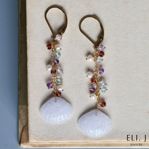 [Rare] Lavender Jadeite Shells & Gemstone Earrings