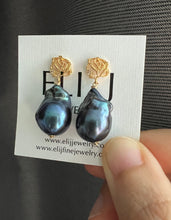 Load image into Gallery viewer, Peacock Black Baroque Pearl Earrings 14KGF
