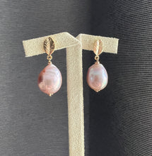 Load image into Gallery viewer, Large Pink-Rainbow Edison Pearls, Gold Leaf Earrings