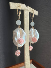Load image into Gallery viewer, XL Ivory Keshi Pearls, Icy Jadeite, Conch Shell Roses, 14KGF Earrings