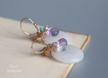 Load image into Gallery viewer, Large Type A Burmese Lavender Jadeite Donuts with Gemstones 14KGF Earrings