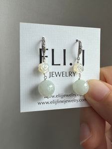 Jade Balls, MOP Roses Silver Earrings