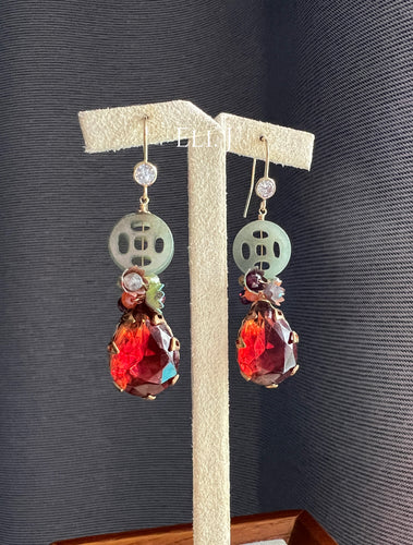 Customer-Cut Type A Burmese Jade, Vtg Glass Gems & Flowers, Gems 14kGF Earrings
