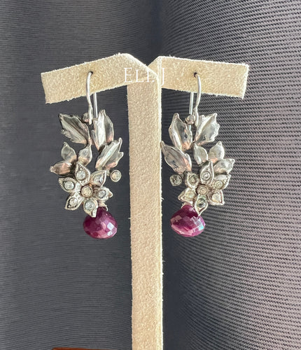 Vintage Rhinestone Leaf & Flower Parts, Ruby Drops 925 Silver Earrings