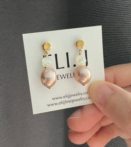 Rainbow-Pink Gold Pearls, MOP Rose, Gold Earring Studs