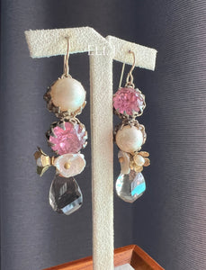 Vintage Pink Rhinestone & Faux Pearl Links, Smoky Quartz, Keshi Pearls 14kGF Earrings