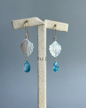Load image into Gallery viewer, Mother of Pearl Shells, Swiss Blue Topaz 14KGF Earrings