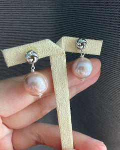 Pink-Peach Pearls Silver Knot Stud Earrings