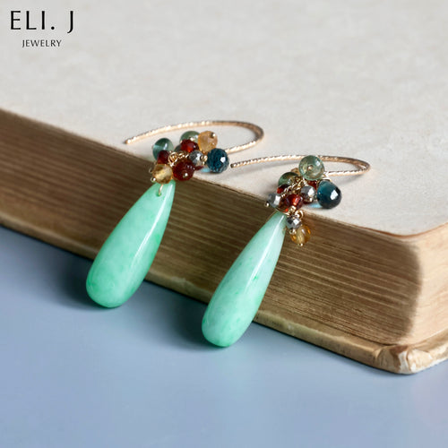 [Signature] Mint Green Jadeite Drops, Blue Sapphire & Gemstone Earrings