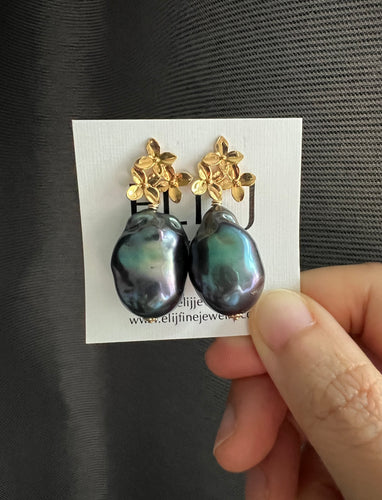 Peacock Black Baroque Pearl Earrings 14KGF