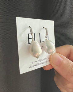 Large Ivory Pearls, Zirconia Silver Earrings