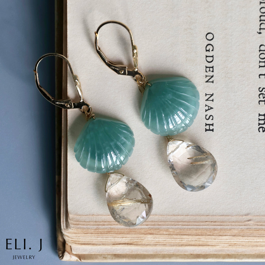 Teal Jadeite Shells, Golden Rutile Earrings