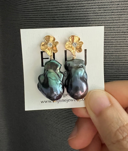 Peacock Black Baroque Pearl Earrings 14KGF