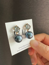 Load image into Gallery viewer, Large Black Freshwater Pearls, Grey Glass Stud Earrings