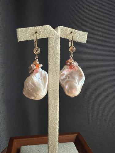 Peach Baroque Pearls, Gemstone 14KGF Earrings