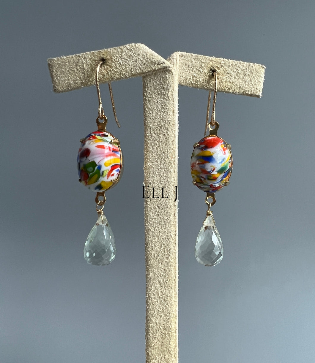 Vintage Glass Ovals, Green Amethyst 14kGF Earrings